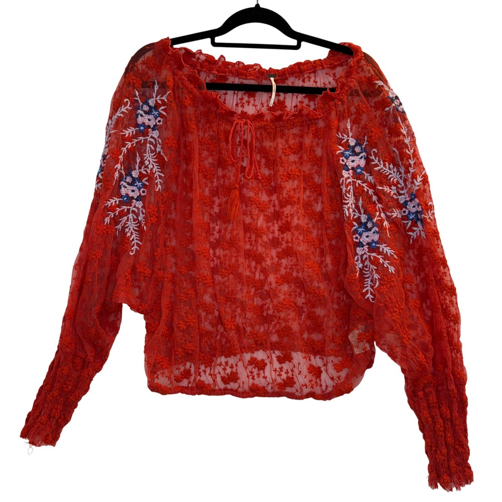 Free People Red Lace Embroidered Off Shoulder Tassel Boho Blouse Top Large vz